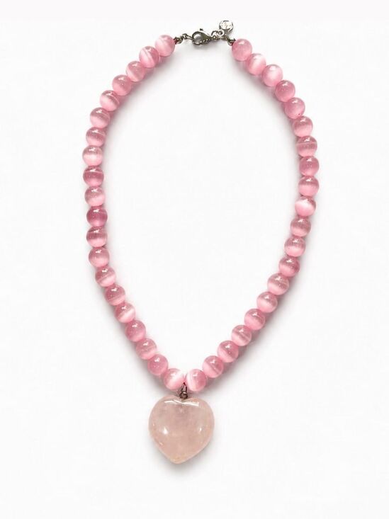 Mayamar Jewelry - Rose Quartz Pink Beaded Necklace with Heart Pendant - powerful positive energy!